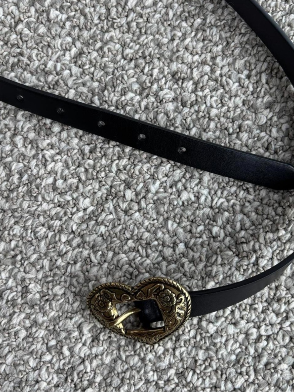 Black Leather Belt with Decorative Gold Heart Buckle